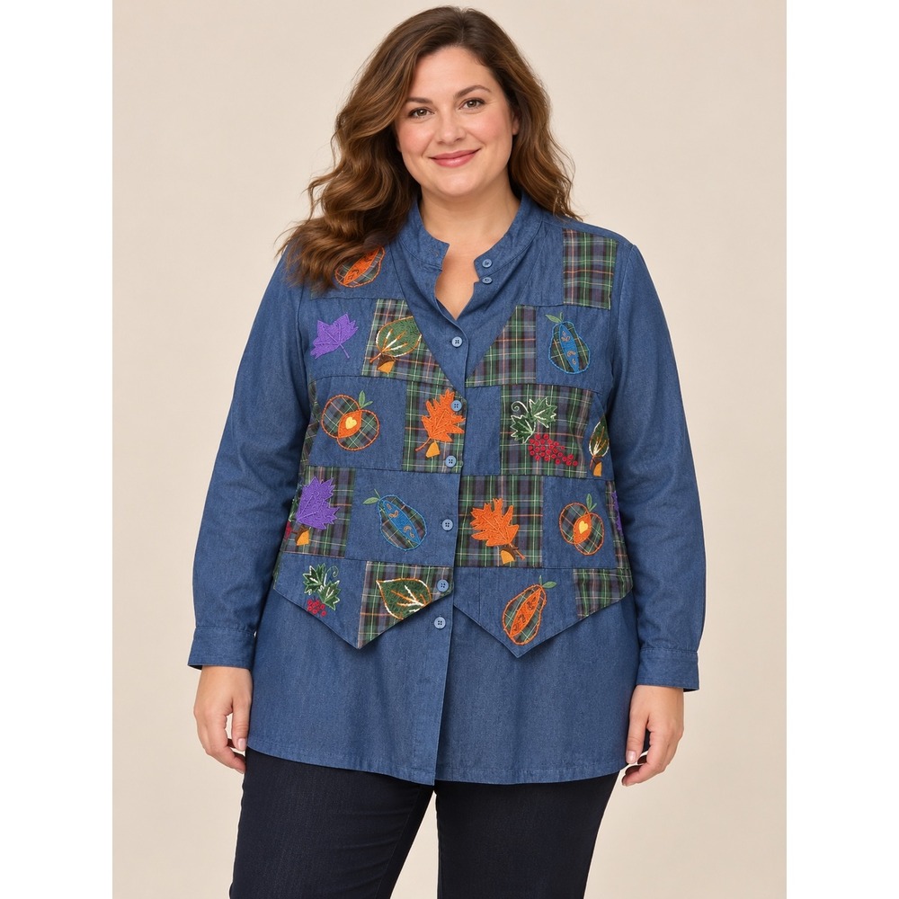 Country Wear 14W Blue Cotton Shirt Autumn Leaves Plaid Embroidered Vest Look NWT